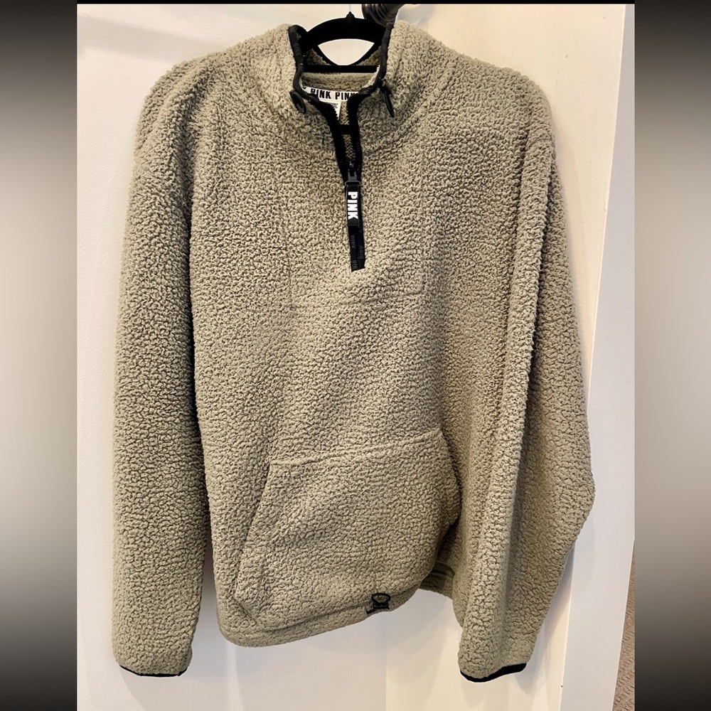 GUC Victoria’s Secret PINK Moss Green 1/4 Zip Sherpa Collared Pullover Sweater